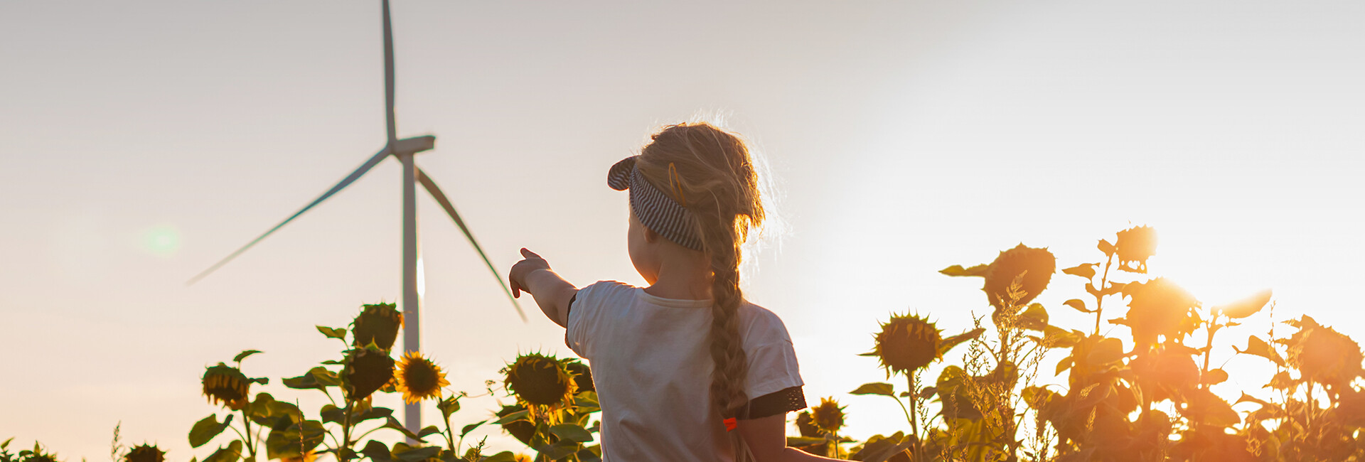 Girl pointing at a windmill in a field with sunflowers