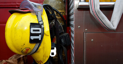 Firefighter helmet on fire truck