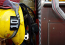 Firefighter helmet on fire truck